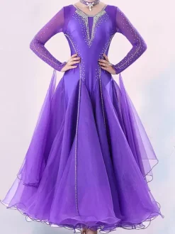 Ballroom Dance Costumes Purple Women's Elegant V-Neck Lycra Spandex Dress Sequins Dance Dress