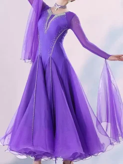 Ballroom Dance Costumes Purple Women's Elegant V-Neck Lycra Spandex Dress Sequins Dance Dress