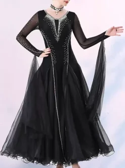 Ballroom Dance Costumes Purple Women's Elegant V-Neck Lycra Spandex Dress Sequins Dance Dress