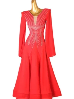 Ballroom Dance Costumes Red Women's Sexy Polyester Rhinestones Dress Dancer Dance Dress