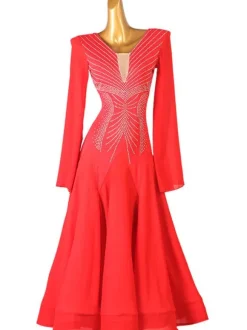 Ballroom Dance Costumes Red Women's Sexy Polyester Rhinestones Dress Dancer Dance Dress