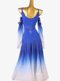 Ballroom Dance Costumes Royal Blue Women's Elegant Lycra Spandex Backless Rhinestones Dress Dancing Wear