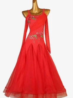 Ballroom Dance Costumes Ture Red Women's Elegant Lycra Spandex Embroidered Rhinestones Dress Dance Dress