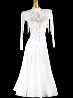 Ballroom Dance Costumes White Women's Sexy Stand Collar Lycra Spandex Dress Fringe Dance Dress