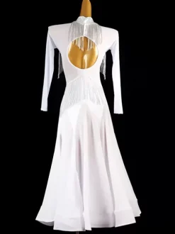 Ballroom Dance Costumes White Women's Sexy Stand Collar Lycra Spandex Dress Fringe Dance Dress