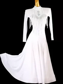 Ballroom Dance Costumes White Women's Sexy Stand Collar Lycra Spandex Dress Fringe Dance Dress