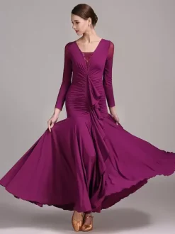 Ballroom Dance Costumes Yellow Women's Sexy Lace Transparente V-Neck Polyester Dress Ruffles Layered Dancing Wear