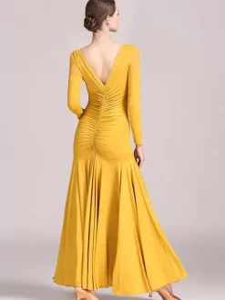 Ballroom Dance Costumes Yellow Women's Sexy Lace Transparente V-Neck Polyester Dress Ruffles Layered Dancing Wear