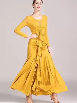 Ballroom Dance Costumes Yellow Women's Sexy Lace Transparente V-Neck Polyester Dress Ruffles Layered Dancing Wear