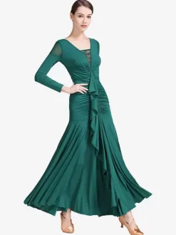 Ballroom Dance Costumes Yellow Women's Sexy Lace Transparente V-Neck Polyester Dress Ruffles Layered Dancing Wear