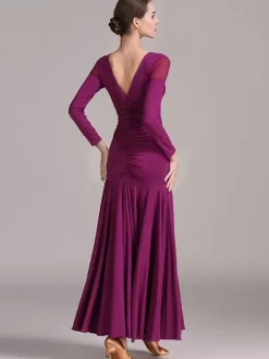 Ballroom Dance Costumes Yellow Women's Sexy Lace Transparente V-Neck Polyester Dress Ruffles Layered Dancing Wear