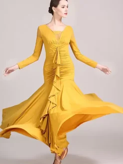 Ballroom Dance Costumes Yellow Women's Sexy Lace Transparente V-Neck Polyester Dress Ruffles Layered Dancing Wear
