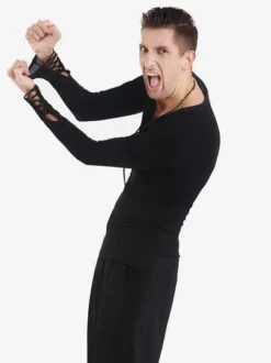 Ballroom Dance Costume Top Men Black T Shirt Long Sleeve V Neck Training Dancing Clothes