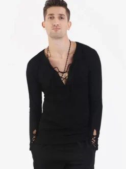 Ballroom Dance Costume Top Men Black T Shirt Long Sleeve V Neck Training Dancing Clothes