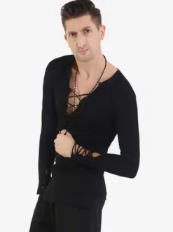 Ballroom Dance Costume Top Men Black T Shirt Long Sleeve V Neck Training Dancing Clothes