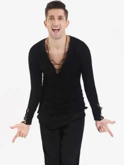 Ballroom Dance Costume Top Men Black T Shirt Long Sleeve V Neck Training Dancing Clothes