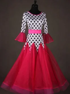 Ballroom Dance Costume Top Red Women Long Sleeve Polka Dot Print Training Dancing Clothes