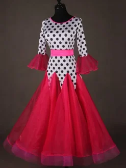 Ballroom Dance Costume Top Red Women Long Sleeve Polka Dot Print Training Dancing Clothes