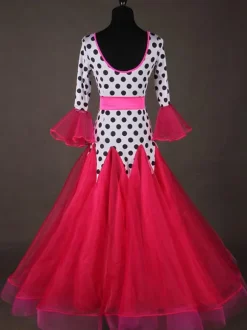 Ballroom Dance Costume Top Red Women Long Sleeve Polka Dot Print Training Dancing Clothes