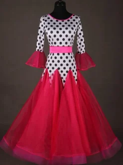 Ballroom Dance Costume Top Red Women Long Sleeve Polka Dot Print Training Dancing Clothes