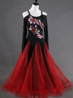 Ballroom Dance Costume Women Organza Beading Floral Practice Dancing Dresses