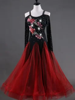Ballroom Dance Costume Women Organza Beading Floral Practice Dancing Dresses