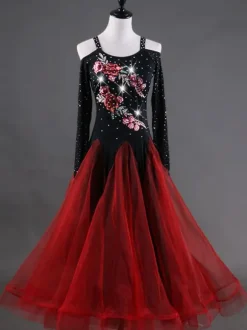Ballroom Dance Costume Women Organza Beading Floral Practice Dancing Dresses