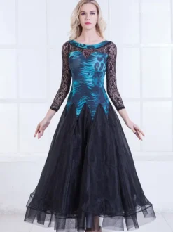 Ballroom Dance Dresses Women Long Sleeve Printed Organza Lace Practice Dancing Costume