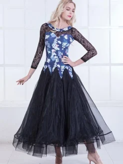 Ballroom Dance Dresses Women Long Sleeve Printed Organza Lace Practice Dancing Costume