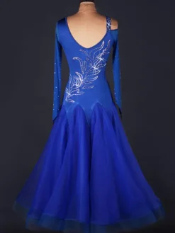 Ballroom Dance Dress Organza Royal Blue Scoop Neck Long Sleee Bodycon Cut Out Pleatred Flare Swing Ballroom Dancing Costume