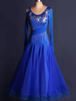 Ballroom Dance Dress Organza Royal Blue Scoop Neck Long Sleee Bodycon Cut Out Pleatred Flare Swing Ballroom Dancing Costume