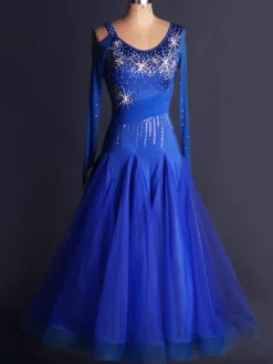 Ballroom Dance Dress Organza Royal Blue Scoop Neck Long Sleee Bodycon Cut Out Pleatred Flare Swing Ballroom Dancing Costume