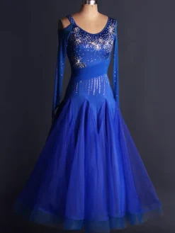 Ballroom Dance Dress Organza Royal Blue Scoop Neck Long Sleee Bodycon Cut Out Pleatred Flare Swing Ballroom Dancing Costume