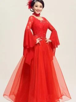 Ballroom Dance Dress White Tulle Illusion Long Bell Sleeve Ballroom Dancing Costume