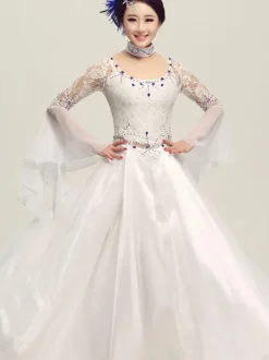 Ballroom Dance Dress White Tulle Illusion Long Bell Sleeve Ballroom Dancing Costume