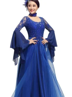 Ballroom Dance Dress White Tulle Illusion Long Bell Sleeve Ballroom Dancing Costume