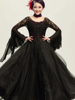 Ballroom Dance Dress White Tulle Illusion Long Bell Sleeve Ballroom Dancing Costume