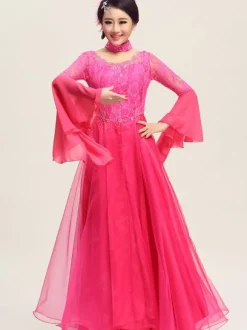 Ballroom Dance Dress White Tulle Illusion Long Bell Sleeve Ballroom Dancing Costume