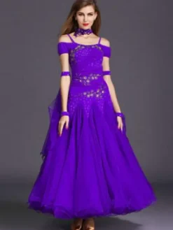 Ballroom Dance Dress Yellow Tulle Ruffle Off The Shoulder Ballroom Dancing Costume
