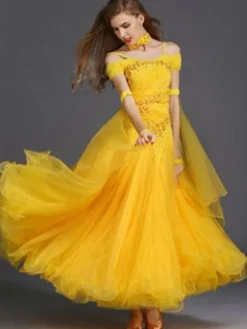 Ballroom Dance Dress Yellow Tulle Ruffle Off The Shoulder Ballroom Dancing Costume