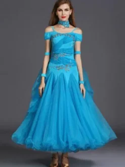 Ballroom Dance Dress Yellow Tulle Ruffle Off The Shoulder Ballroom Dancing Costume