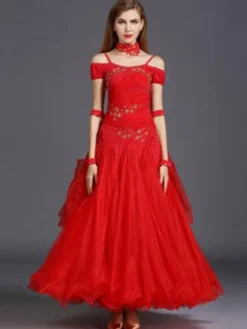 Ballroom Dance Dress Yellow Tulle Ruffle Off The Shoulder Ballroom Dancing Costume