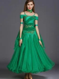 Ballroom Dance Dress Yellow Tulle Ruffle Off The Shoulder Ballroom Dancing Costume