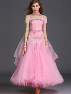Ballroom Dance Dress Yellow Tulle Ruffle Off The Shoulder Ballroom Dancing Costume