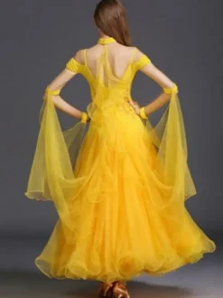 Ballroom Dance Dress Yellow Tulle Ruffle Off The Shoulder Ballroom Dancing Costume