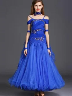 Ballroom Dance Dress Yellow Tulle Ruffle Off The Shoulder Ballroom Dancing Costume