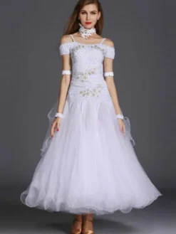 Ballroom Dance Dress Yellow Tulle Ruffle Off The Shoulder Ballroom Dancing Costume