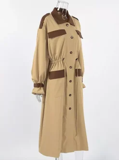 Barn Color Block Women Long Trench Coat - Utility Drawstring Waist Longline Fit - Safari Style Spring Casual Outwear 2026