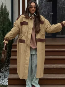 Barn Color Block Women Long Trench Coat - Utility Drawstring Waist Longline Fit - Safari Style Spring Casual Outwear 2026