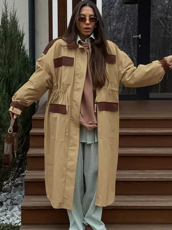 Barn Color Block Women Long Trench Coat - Utility Drawstring Waist Longline Fit - Safari Style Spring Casual Outwear 2026